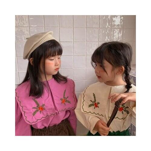 2021 Autumn New Korean Baby Girl Princess Shirt Childrens Large Lapel Embroidered Shirt Baby Girls Cute Tee Shirts Baby Blouse