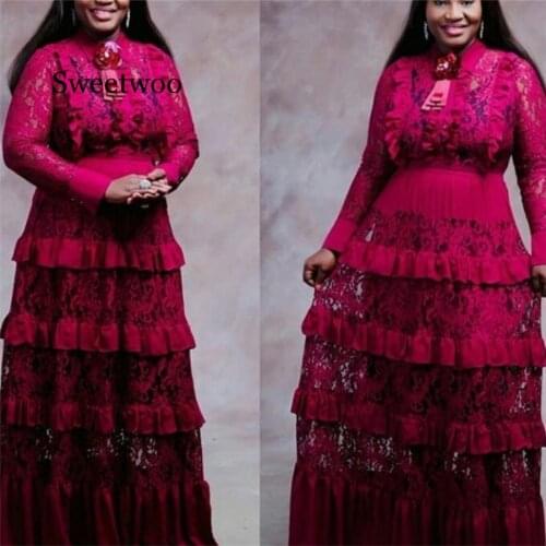 New African Dress Women Lace Shirt Collar Long Sleeve Wooden Ear Stitching Multi-layer Cake Dress With Brooch Dress Pink Red