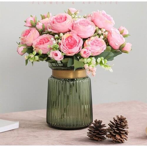 New 5 big head pink silk peony artificial flower rose wedding home DIY decoration high quality large bouquet foam accessories cr