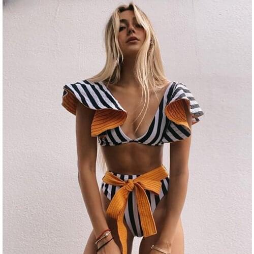 VIKINII new Sexy Bikinis Ruffle Women Swimwear 2021 High Waist Swimsuit Female Beach Wear Striped Bathers Biquinis V Metal