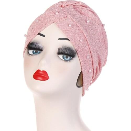 2021 Cotton solid color turban Hijabs with crossed forehead beads and gold folds hooded hat Muslim bottom cap