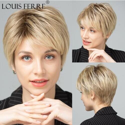LOUIS FERRE Natural Looking Short Wave Synthetic Wigs for Women Ombre Brown Platinum Blonde Golden Wig with Bangs Heat Resistant