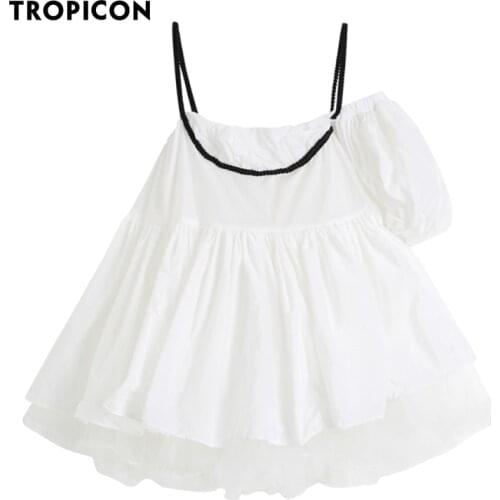 TROPICON Detachable Sleeve Backless White One Shoulder Dress Summer 2021 Ball Gown Designer Mini Korean Cute Kawaii Dress