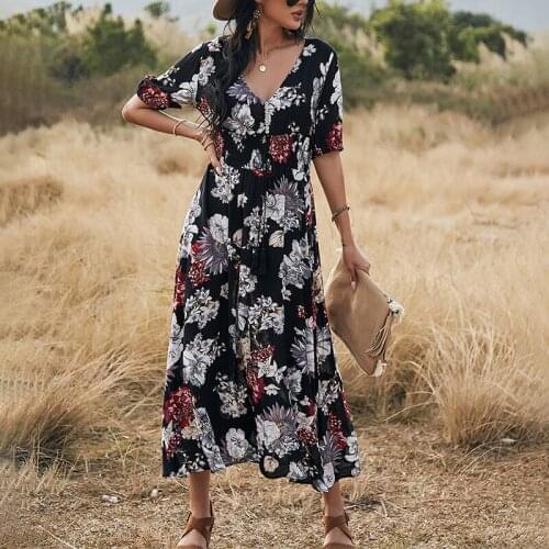 2021 Women V Neck Dress Summer Floral Print A-line Sexy Holiday Dress Boho Beach Short Sleeve Button Pocket Split Streetwear