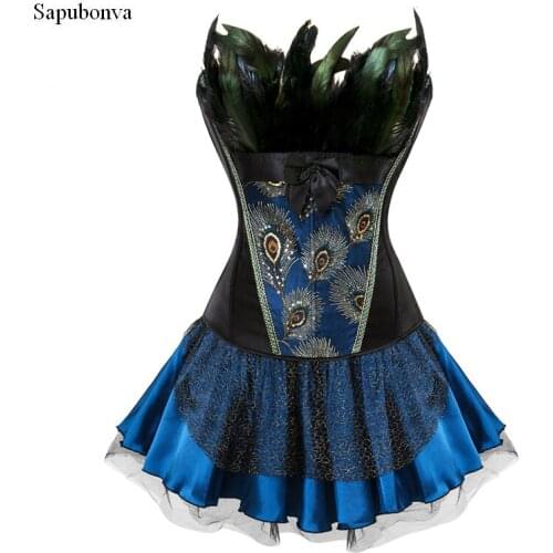 Sapubonva Corset Dress Feathers Burlesque Gothic Vintage Sexy Overbust Corsets Bustier Skirt Corselet Halloween Costume Korse