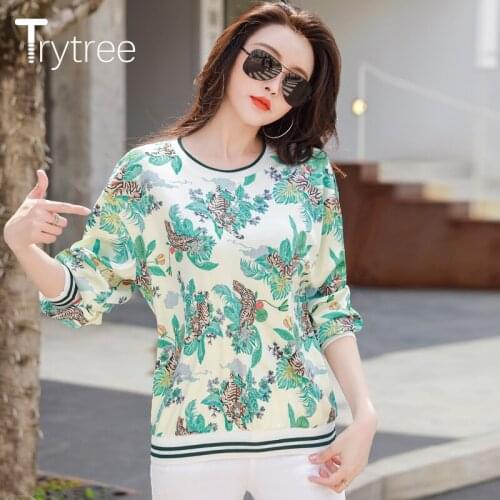 Trytree 2021 Spring Autumn Casual Tiger Printed Satin Tops For Women O-Neck Shirt Female Streetwear Sweatshirt Dropshipping