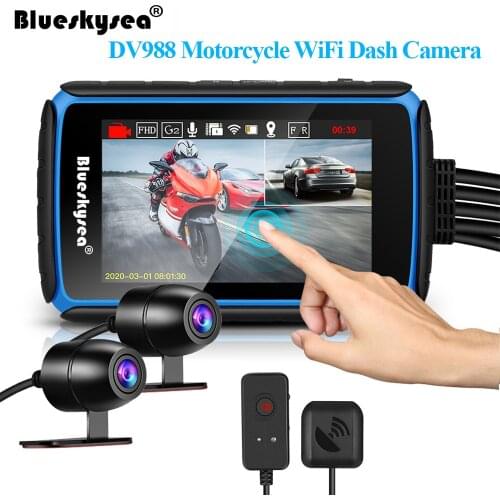 Blueskysea DV988 4'' Motorcycle Front Rear Dual Camera With IPS Touch Screen IP 66 Waterproof WIFI Dash Cam HD 1080P HDR DVR