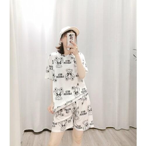 2021 Fashion Cute Leisure Ice Silk Summer Women Pajama Printed Round Neck Short Sleeves Shorts Home Wear Nightwear