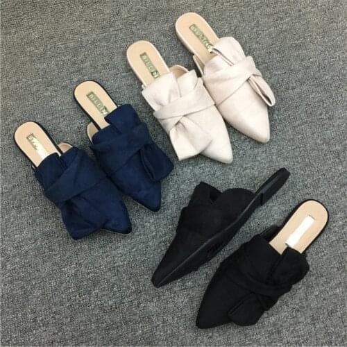 Large flock butterfly-knot mules slides women autumn famous designer velvet flats pointed toe sandals solid bow loafers slippers