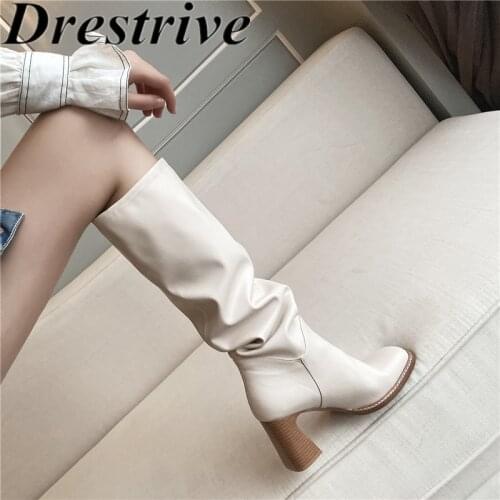 Drestrive 2021 Classics Winter Shoes Square Toe Slip On Women Knee High Boots Thick High Heels Pu Leather Beige