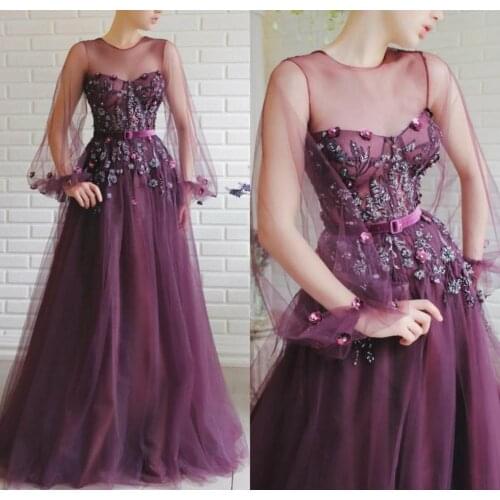 2020 Long Sleeve Evening Dresses Jewel Neck Lace Floral Appliqued Beaded Prom Dress Custom Made Specail Occasion Party Gowns