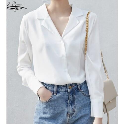 2021 Loose Chiffon Blouse Button Womans Shirts New Korean Lapel Collar Solid Shirt Blouse Women Long Sleeve Womans Blouse 9383