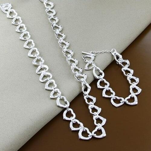 925 Silver Necklace Fashion Full Small Heart Charm Necklace Bracelet Beautiful Jewelry Set Female Gift