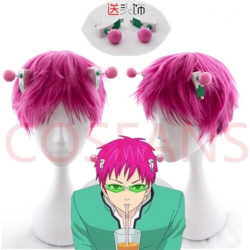 Anime The Disastrous Life of Saiki K. Cosplay Wig Glasses Saiki Kusuo Short Pink Synthetic Hair with Hair Pink +Wig Cap in stock