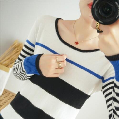 BELIARST 100% Cotton Sweater Woman O-Neck Pullover Slim-fit Striped Multicolor Knitted Sweater Spring and Summer New Style