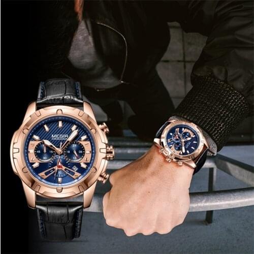 MEGIR Watches Mens 2021 Casual Leather Quartz Mens Watch Top Brand Luxury Business Clock Male Sport Waterproof Date Chronograph