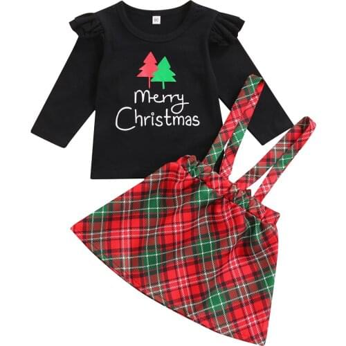 Babys Clothes Little Girl’s Skirt Two Pieces Suit Cute Christmas Printed Long Sleeve Tops Suspender Skirt Childrens Clothing