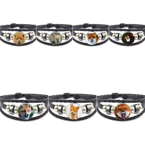 EJ Glaze Smile Fox For Women Jewellery Retro Style Jewelry With Plated Glass Cabochon Black Leather Bracelet Bangle