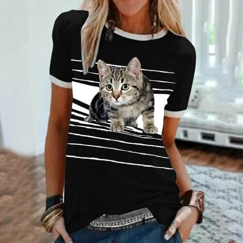 Cat Printing Womens T-Shirts Striped O-Neck Women Short Sleeve Shirt Casual Tunic Tops Harajuku Tops Summer T-Shirt For Girls