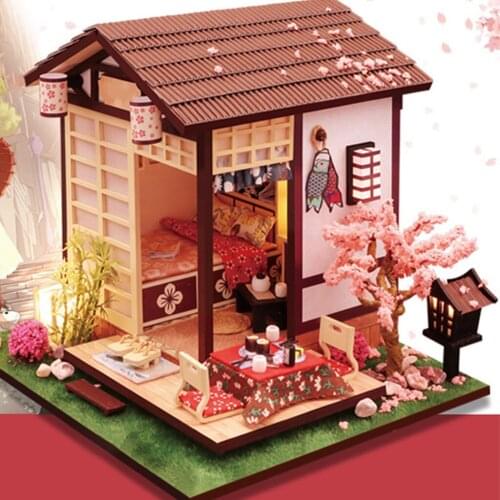 Creative Dollhouse Kit LED Light Dustproof Cover Craft Japanese Architecture Cottage 3D Puzzles Toys for Kids Adults