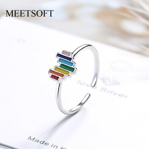 MEETSOFT Sterling Silver Color Opening Ring For Women Simple Adjustable Circle Copal Rainbow-Heart Jewelry Gift
