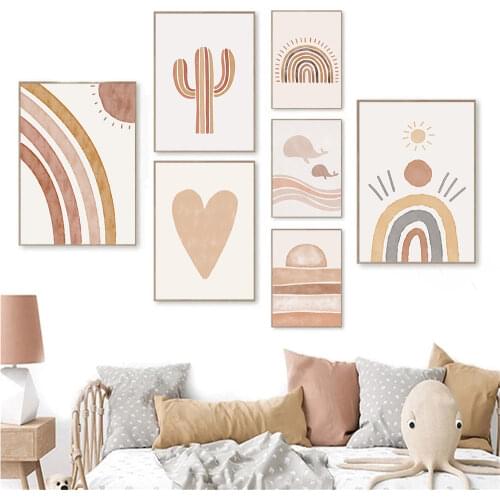 Cactus Heart Abstract Print Canvas Painting Sun Rainbow Boho Poster Nursery Wall Art Prints Whale Picture Kids Room Decoration