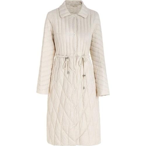 Newest winter women lapel temperament thicken fashion duck down coat drawstring medium long female outerwear black lady fitting