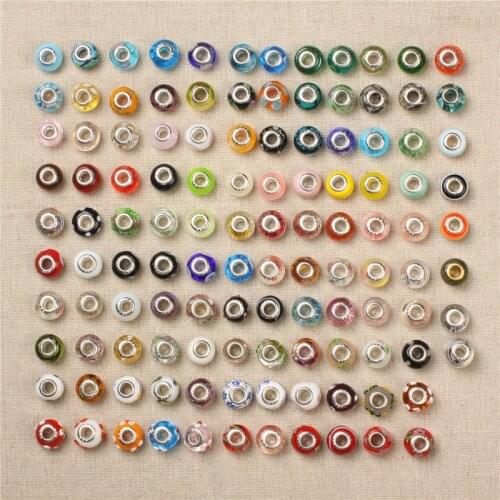 Cheap Wholesale 50pcs/Lot Mixed Murano Glass Lampwork Bead Big Hole Silver Plated Core For DIY European Charm Bracelet