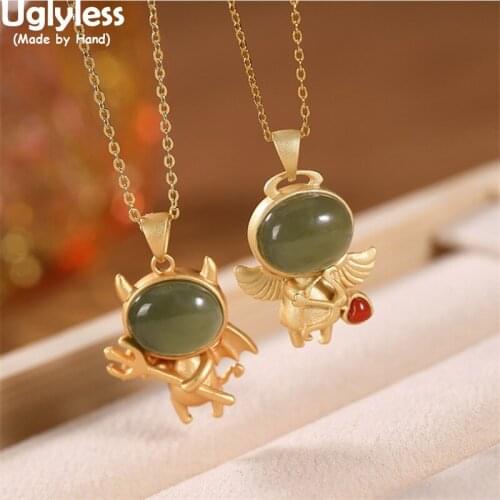 Uglyless Halloween Gifts Treat or Trick Demon or Angel Pendants Necklaces No Chain Natural Jade Figures Necklace Gold 925 Silver