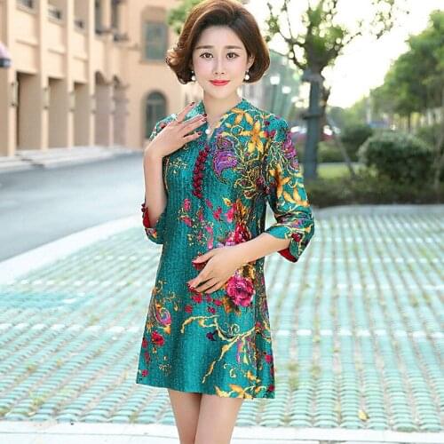 Women Dress Three Quarter Sleeve Spring Autumn Vintage V-neck Floral Printed Party Dresses Vestidos Female Clothes Plus Size 5XL