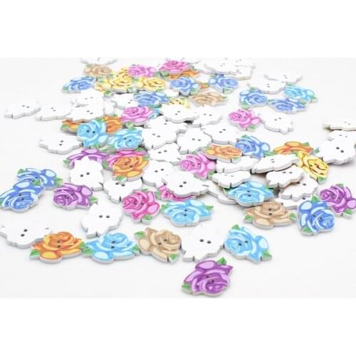 50pcs Cute Rose Shaped Buttons 2 Holes Mixed Sewing Accessories Wood Botton For Clothing DIY Scrapbooking