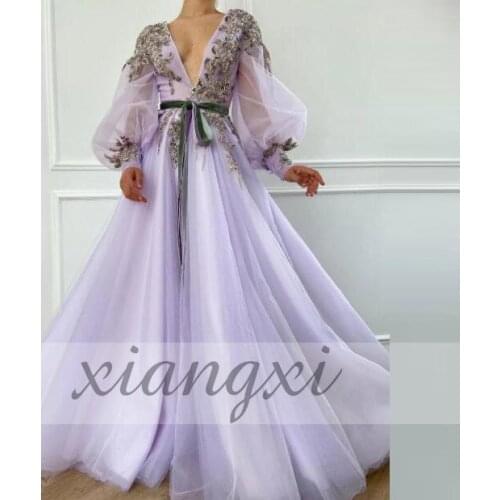Sexy V Neck Prom Dresses Long Appliques A-Line Evening With Puff Sleeves Vestido Elegant Party Gown Robe De Soiree Custom Made