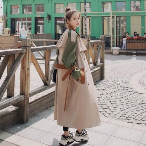 Brand New Fashion Womens Trench Coat Colorblock Long Double-Breasted with Belt Lady Windbreaker Spring Autumn Outerwear Clothes