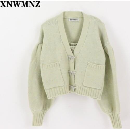 XNWMNZ Za women vintage Knit cardigan with rhinestone buttons V-neck long sleeve ribbed trims female outerwear fashion chic tops