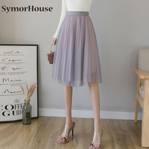 Tulle Skirts Womens Midi Pleated Skirt Pink Blue A-line Skirt Women 2021 Spring Summer Korean Elastic High Waist Mesh Jupe