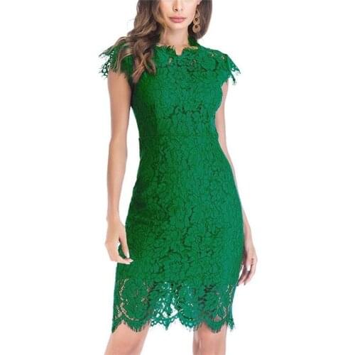 Midi Dress Elegant 2021 Short Sleeve Stand Collar Lace Dresses For Women Summer Ladies Sundress Party Outfits Modest Plus Size