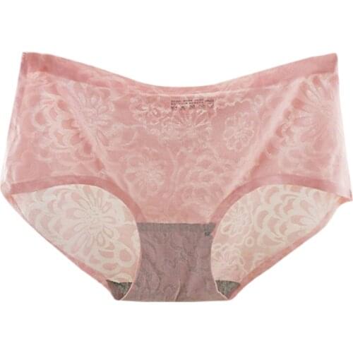 Women Ice Silk Panties Seamless Briefs Set Sexy Low Waist Lace Underwear Patchwork Lingerie Underpants