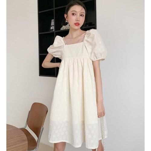 2021 Summer New Puff Sleeve Square Neck Dress Women Retro Beige Flower Pearl Shoulder Strap Korean Fashion Cute Puffy Dress