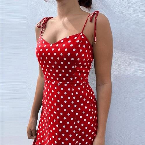 Summer Womens Dress 2021 Sexy Spaghetti Strap Lace Up Polka Dot Split Hem Backless