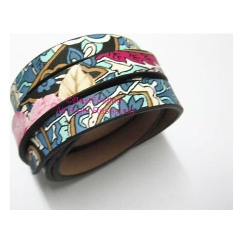 10x2mm Ethnic leather cord 10mm Blue ethnic Flat leather cord