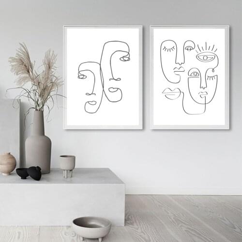 Abstract Face illustration Continuous Line Sketch by Picasso Painting Canvas Print Black and White Minimal Poster Wall Art Decor
