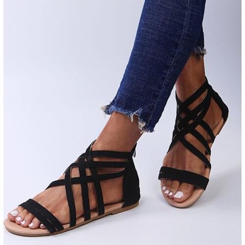 Fashion Ladies Flat Sandals Summer Zipper Beach Open Toe Belt Zipper 2021 Bohemia Breathable Slippers Non-slip Shoes