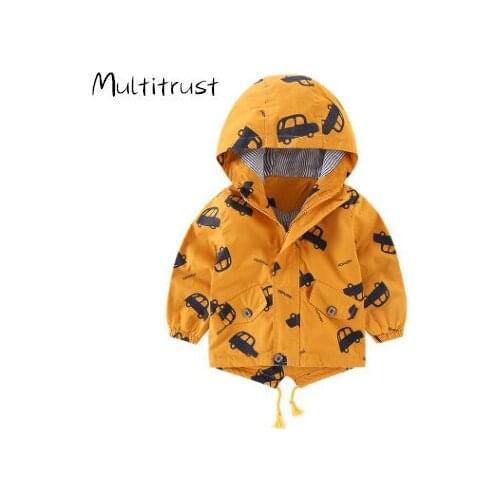 Children Cartoon Print Hooded Jacket, Boys Long Sleeve Drawstring Hem Zipper Outerwear for Winter