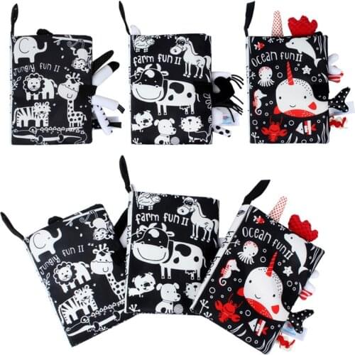 Montessori Baby Visual Excitement Cloth Book Baby Toys Black White Enlightenment Educational Rattle Book Toy Toddler Sensory Toy