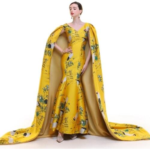100%real crane priting golden long cloak dress gown stage/studio dress queen cosplay Victoria dress Belle/can customs size
