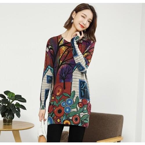 Elegant Sweater Women Medium Length Sweaters Casual Knit Pullovers Long Sleeve Printed Fashion Loose Sweaters Tops Feminino New