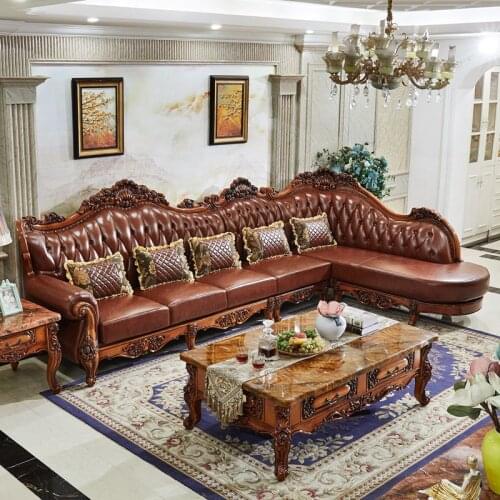European leather L-type combination American style solid wood corner sofa