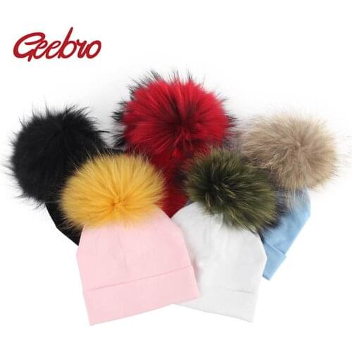 Geebro Newborn Baby Cotton Beanies Hats With Real Fur Pompom For Girls Boys Kids Soft Warm Plain Cotton Skullies Beanies Hat