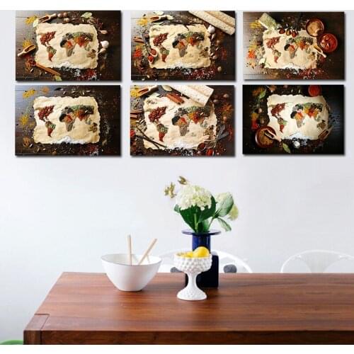 Map of World Made From Different Kinds of Spices on Wooden Background,Canvas Art Wall Décor for Living Room Kitchen Decoration