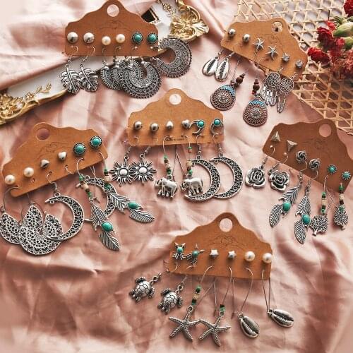 17KM 2020 Ethnic Vintage Feather Earrings Set For Women Vintage Retro Sun Moon Drop Earring Set Fashion Earrings Jewelry Gift